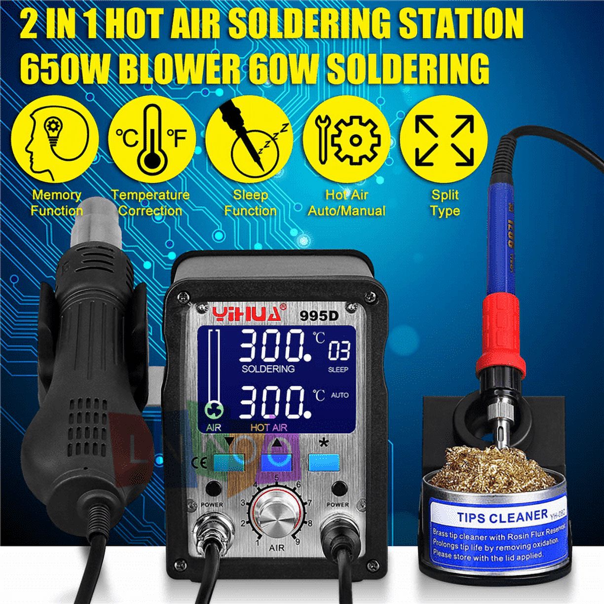FZFLZDH YiHua 2 in 1 995D 110V 220V Soldering Station iron Hot Air Blower Rework Station 720W Hot Air with Multiple Functions