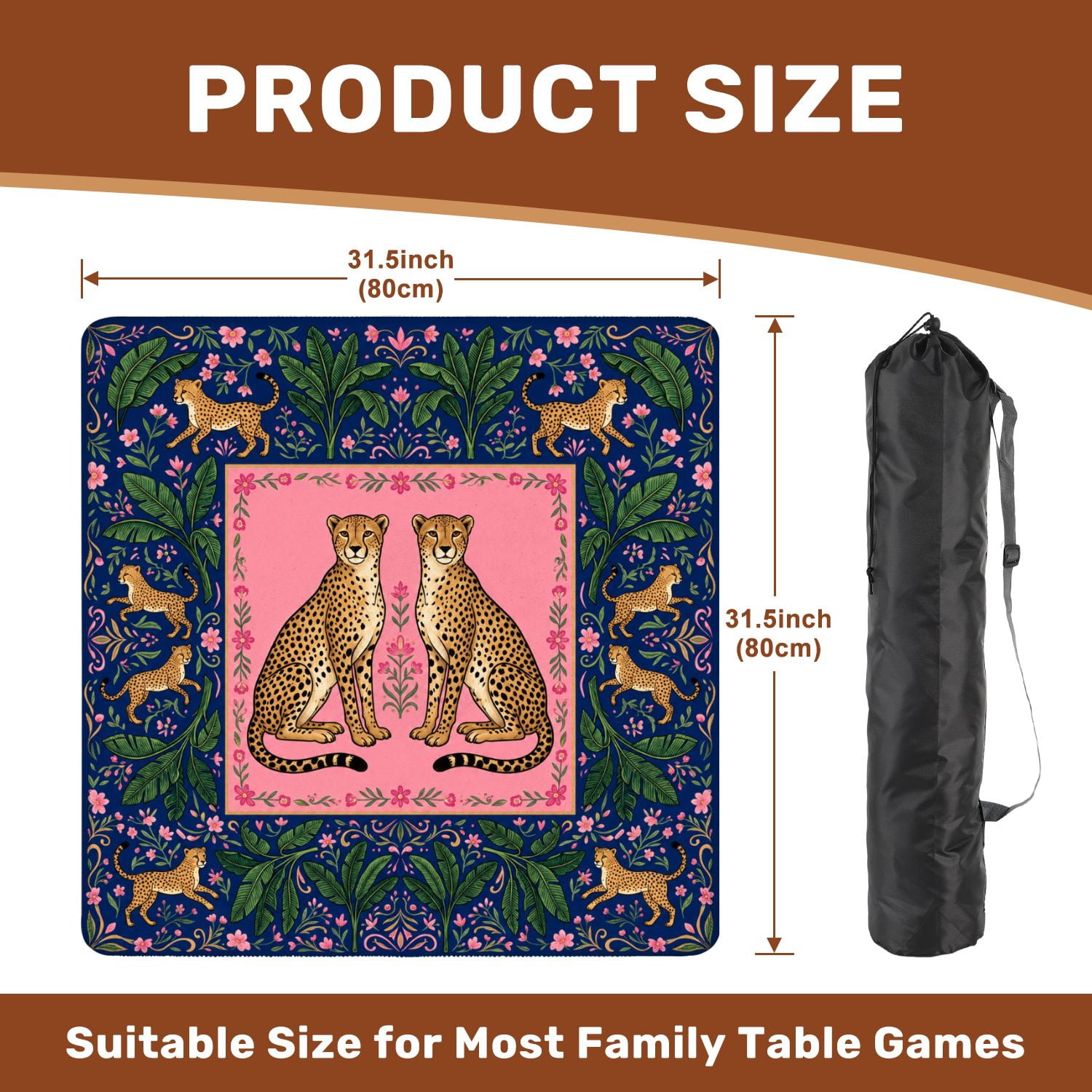 Mahjong Mat 31.5" x 31.5" Elegant Two Cheetahs Surrounded by Tropical Leaves Flowers Non-Slip Noise Reduction American Mahjong Tiles Table Cover for Dominoes Poker Card Board Games Gift
