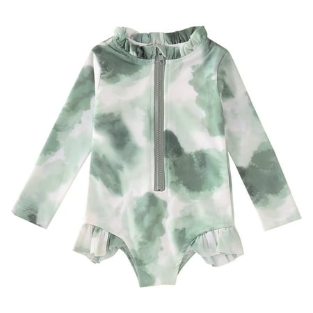 Girls  Swimwear Summer Toddler Girls Long Sleeve Ruffles Colour Tie Dye Gradient Prints 1 Piece Swimwear Beach Onesie Swimsuit Bikini Swimsuits Cover up Girls Green