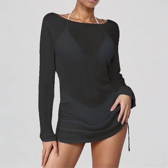 Daznico Womens Swimsuit Cover Up Crochet Coverups Hollow Out Long Sleeve Drawstring Bathing Suits Swim Coverup,L