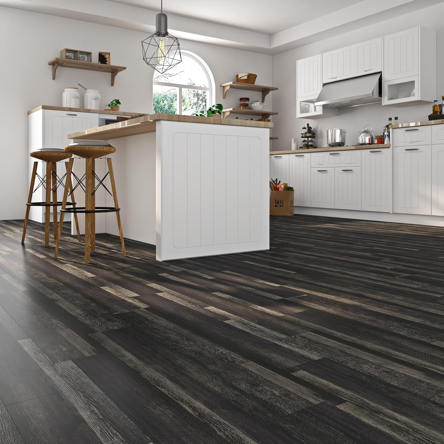 18-Pack 6x36 Peel and Stick Floor Tile Black Reclaimed Wood Luxury Vinyl Plank Flooring Waterproof Dark Wood Floor Tiles for Bathroom Basement Self Adhesive Vinyl Flooring Planks Laminate
