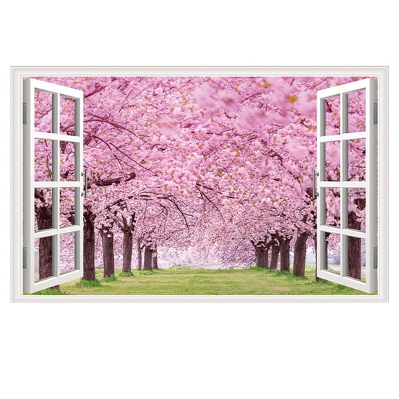 3D Fake Window View Wall Sticker Natural Scenery Fake Window Stickers Sakura Snow Mountain Village Theme Wallpaper for Home