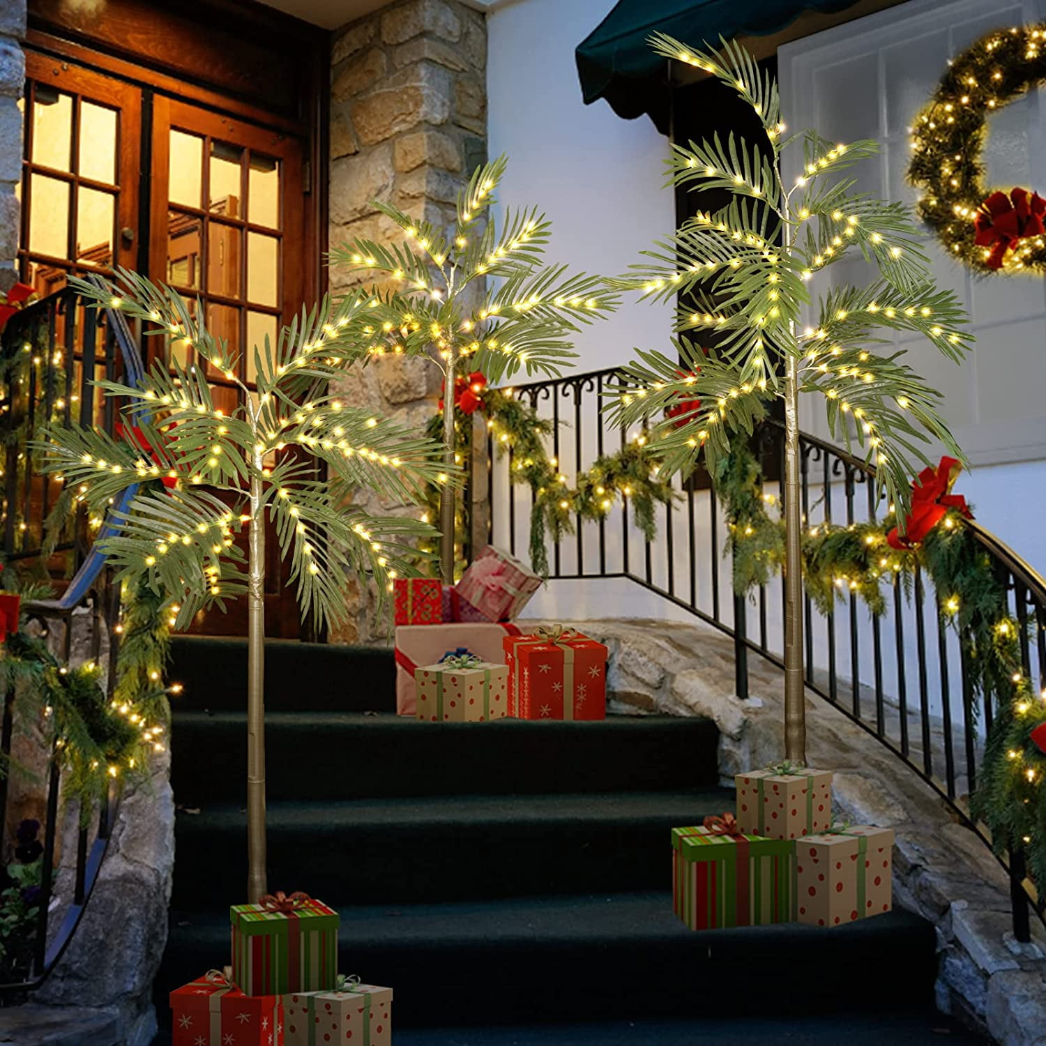 Recaceik 3PCS Lighted Palm Tree, 4FT/ 5FT/6FT Outdoor Christmas Tree Decor,Light Up LED Tree