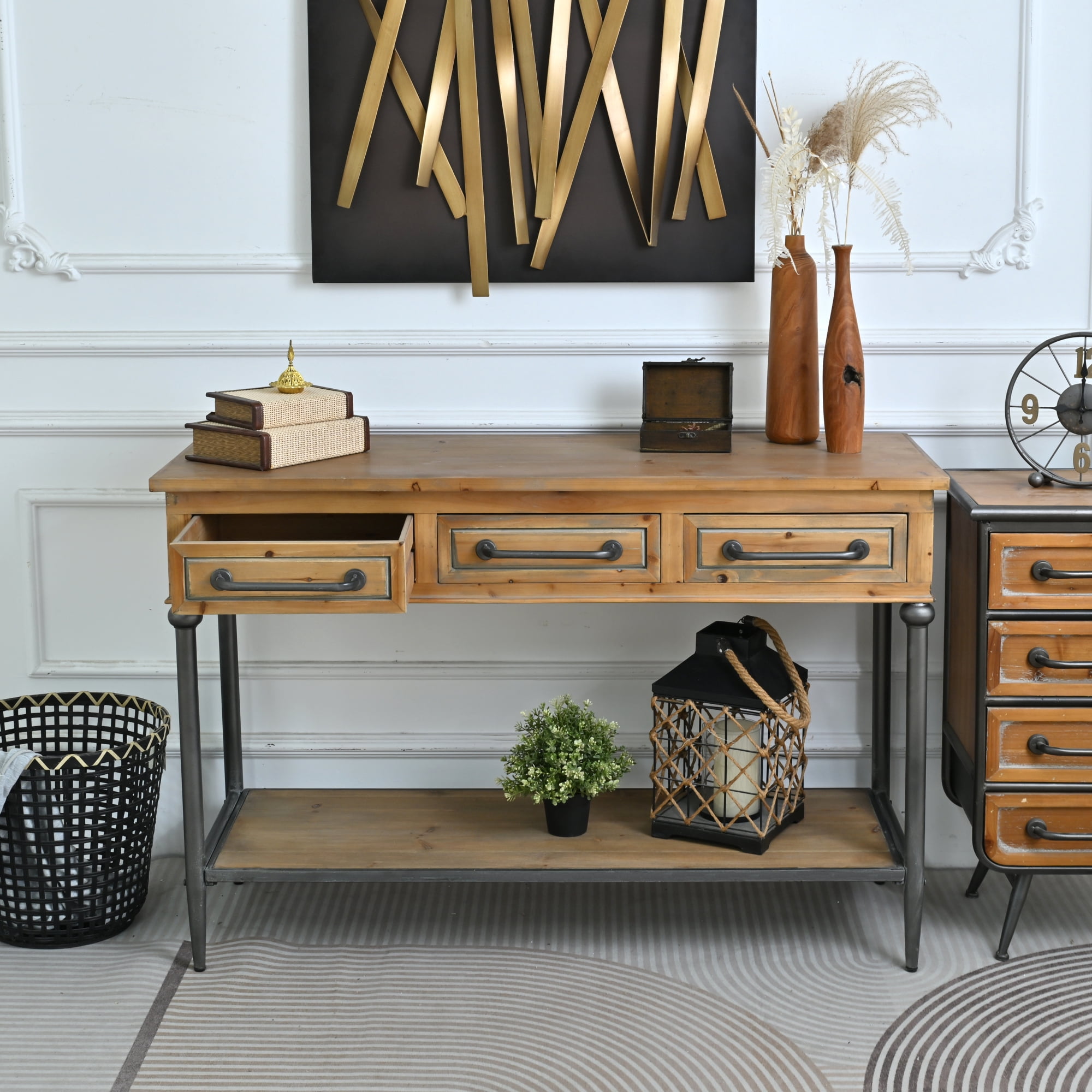 Leumius 48.03" Accent Rustic Storage Console Table, Rectangle Solid Wooden Top Metal Leg Console Table with Open Shelf and 3 Drawers for Living Room