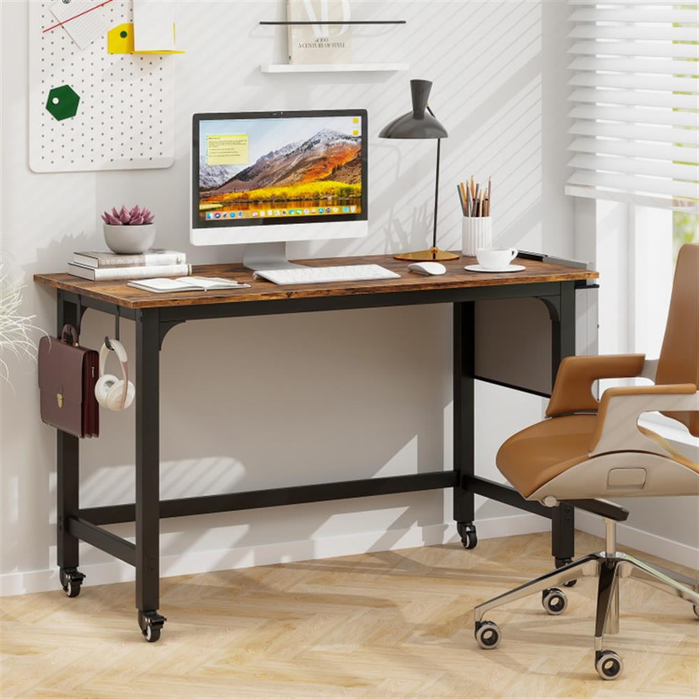 Demi Bonn 48" Mobile Computer Desk Workstation with 4 Smooth Casters, Small Home Office Desk Study Writing Table, Brown