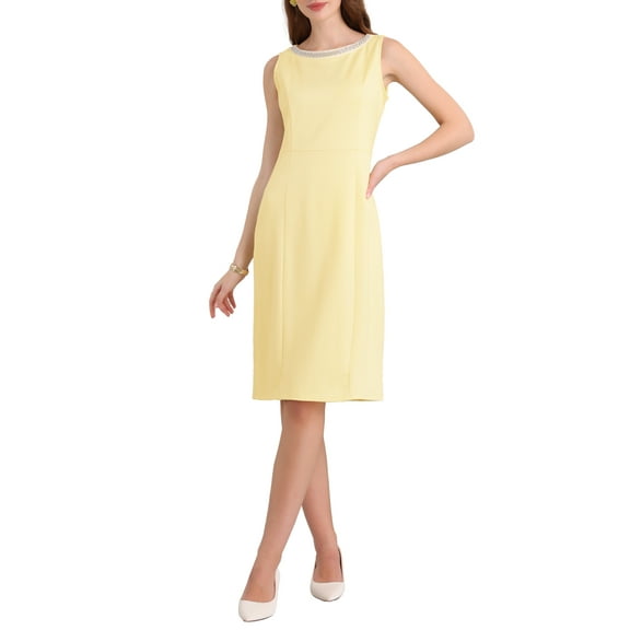 INSPIRE CHIC Women's Rhinestone Boat Neck Dresses Sleeveless Pencil Sheath Dress S Light Yellow