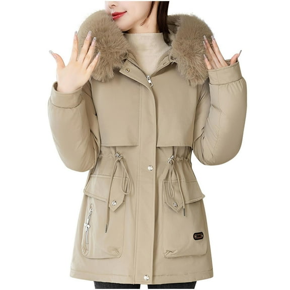 HTNBO Women's Winter Coats with Fur Trim Hood, Drawstring Waist Thicken Parka Jacket Warm Fleece Outerwear with Pockets