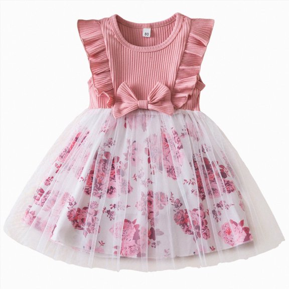 Splozh Dresses for Baby Girls 1T 2T 3T 4T 5T Child Girls Tulle Pageant Dress Party Flowers Prints Bowknot Fly Sleeve Gown Dresses,Pink,3-4 Years
