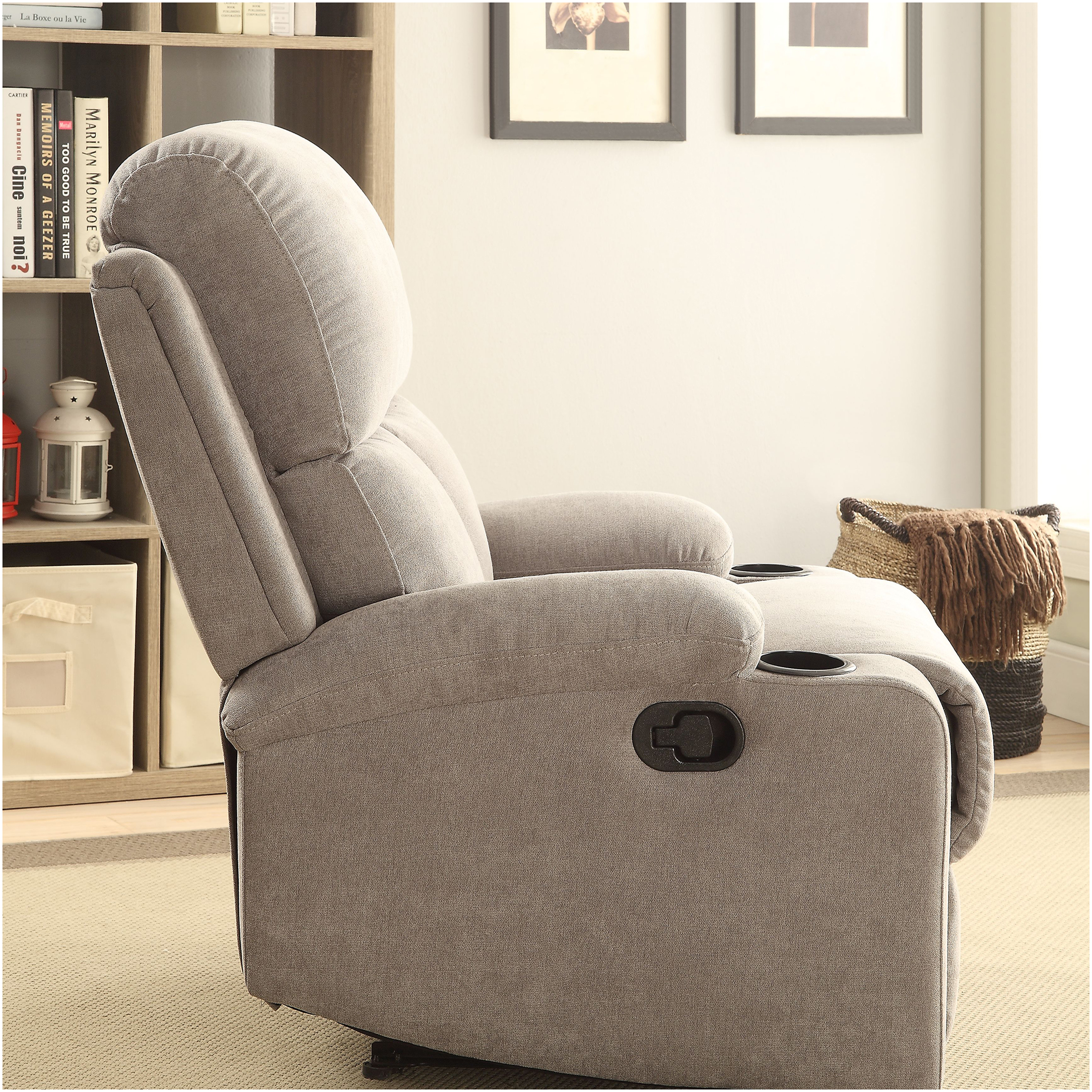 JERFIT Modern Fabric Recliner Chair with Cup Holders, Padded Arms and Memory Foam, Comfortable Living Room Reclining Chair, Grey