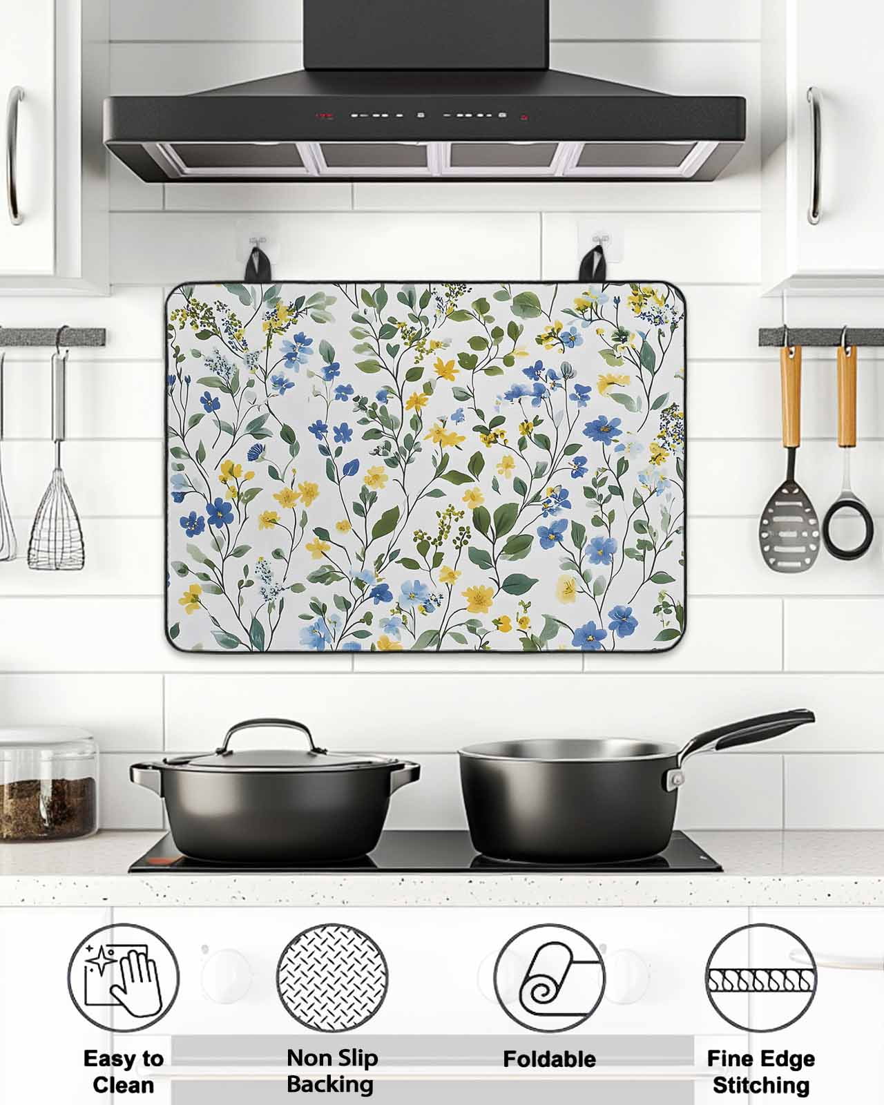 Stove Top Covers for Electric Stove, Elegant Blue Yellow Spring Floral Glass Stovetop Cover Protector, Summer Botanical Green Induction Cooktop Protector Oven Mat for Kitchen Countertop 24"x21"