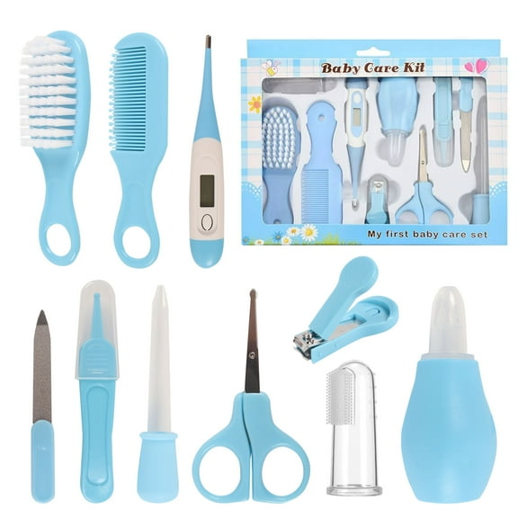 BUSATIA 10 in 1 Baby Healthcare and Grooming Kit,Safety Newborn Nursery Care Set, with Hair Brush Comb,Nail Clipper,Thermometer,Pacifier Clip,Nasal Aspirator for Newborn Infant Baby-Blue