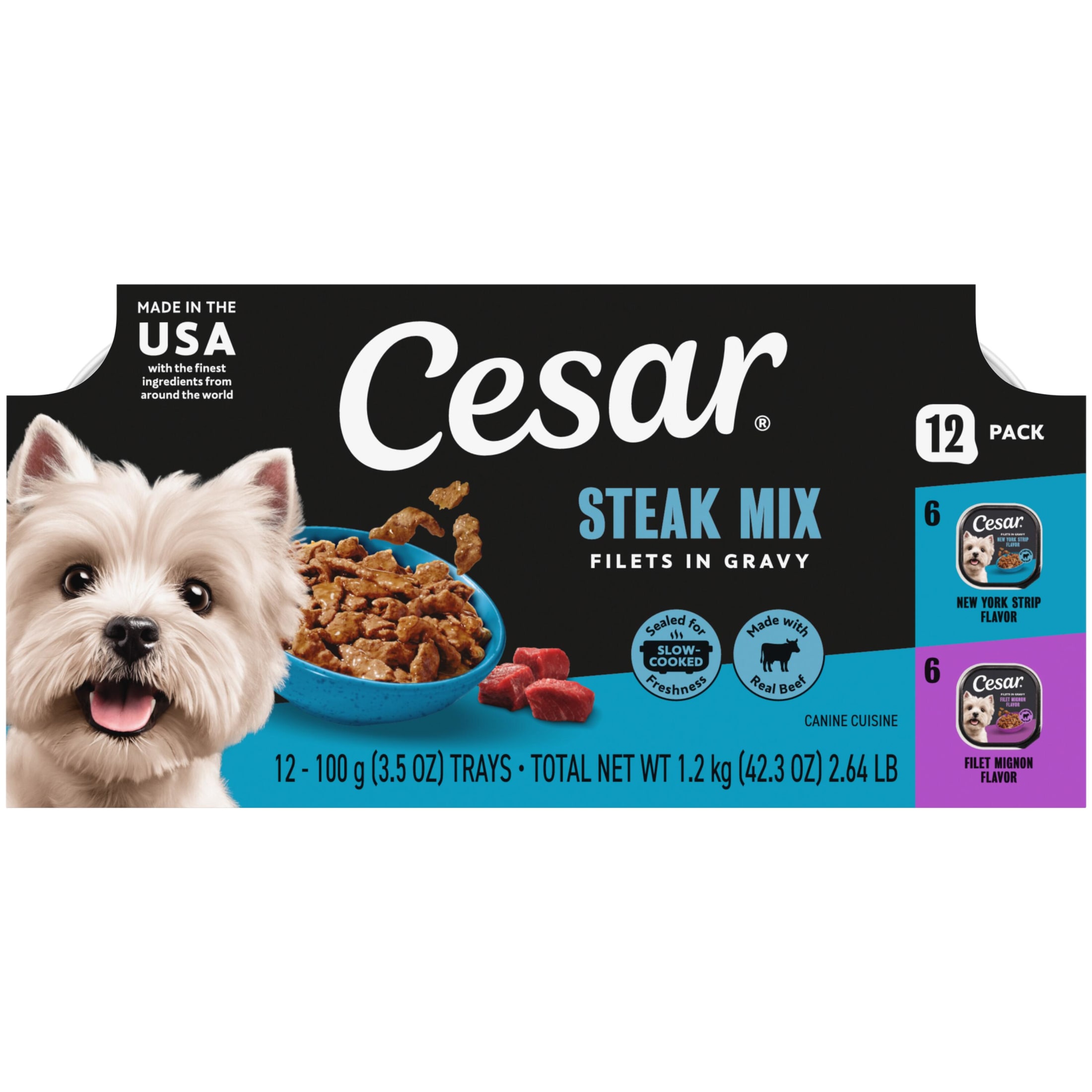 Cesar Filets In Gravy Beef Flavor Variety Wet Dog Food Adult, 3.5 Oz Easy Peel Trays (12 Pack)
