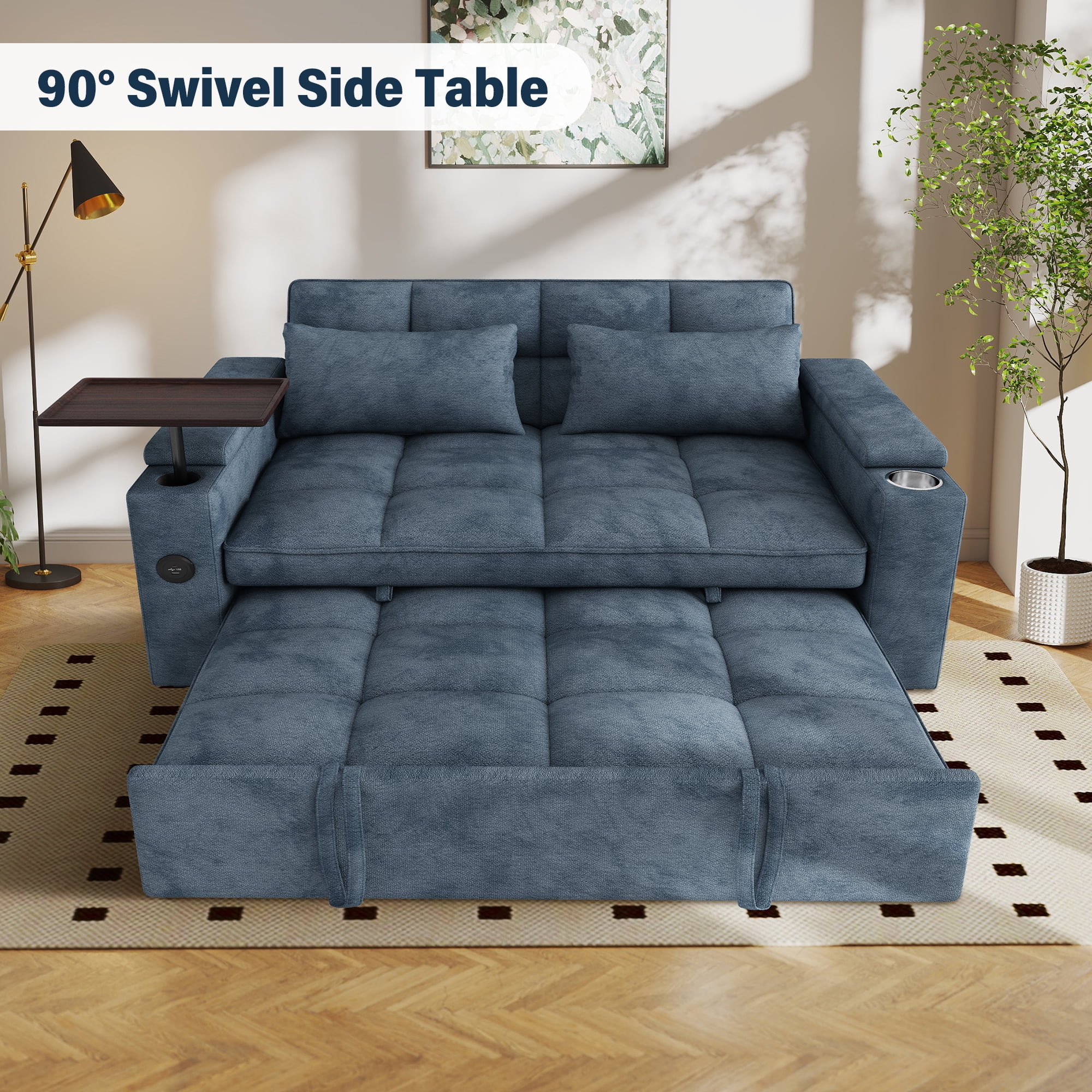Aukfa 65"W Convertible 3-in-1 Sofa Bed with Storage, Queen Chenille Sleeper Couch with USB/Type-C Ports & Rotating Side Table,Blue