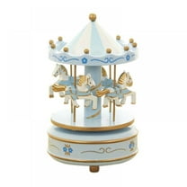 Carousel Music Box Decorative Item with Flowers and Grass Blue - Merry Go Round Music Box Small Musical Box with 4 Horses Classic Decor for Valentine'S Day