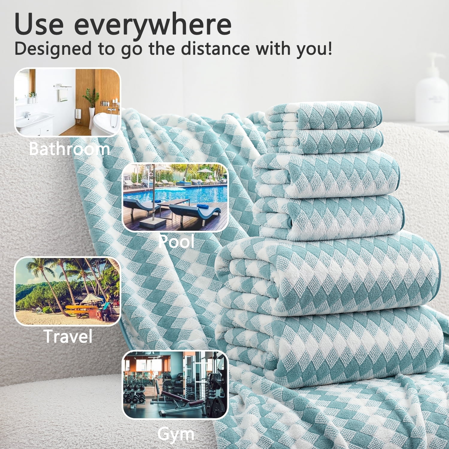 Beartech 8 Piece Microfiber Bath Towel Set 2 Oversized Bath Sheet,2 Hand Towels and 4 Washcloths| Ultra Soft & Less lint,Highly Absorbent Quick Dry Shower Towel For Bath Hotel-Lake Blue