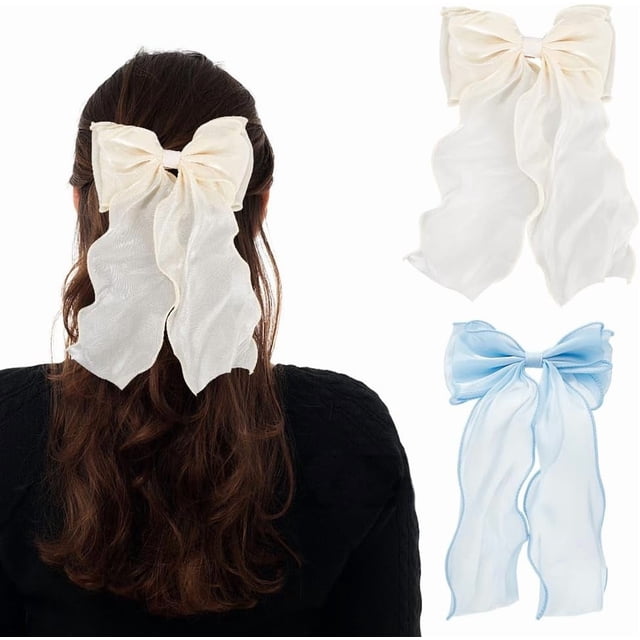 Pasador para el cabello de 2 colores, de organza, con lazo grande, de aleación francesa con baño de platino, accesorio para el cabello, color champán, dorado y azul, con cinta larga de satén sedoso.