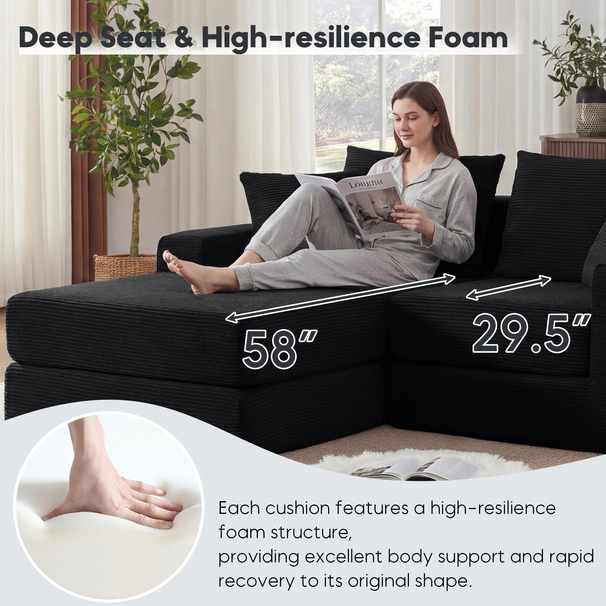 Tmsan 73.6" Modular Sectional Sofa,boneless loveseat couch with 4 Pillows,Classic L-Shape Design Convertable, for Living Room and Office,Black