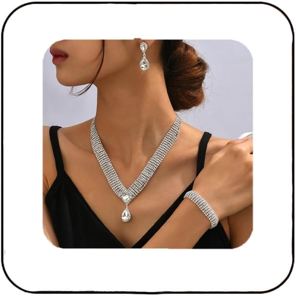 Crystal Bridal Wedding Jewelry Set Silver Teardrop Necklace Earrings Bracelet Sets Rhinestone Prom Jewelry Accessories for Women and Brides