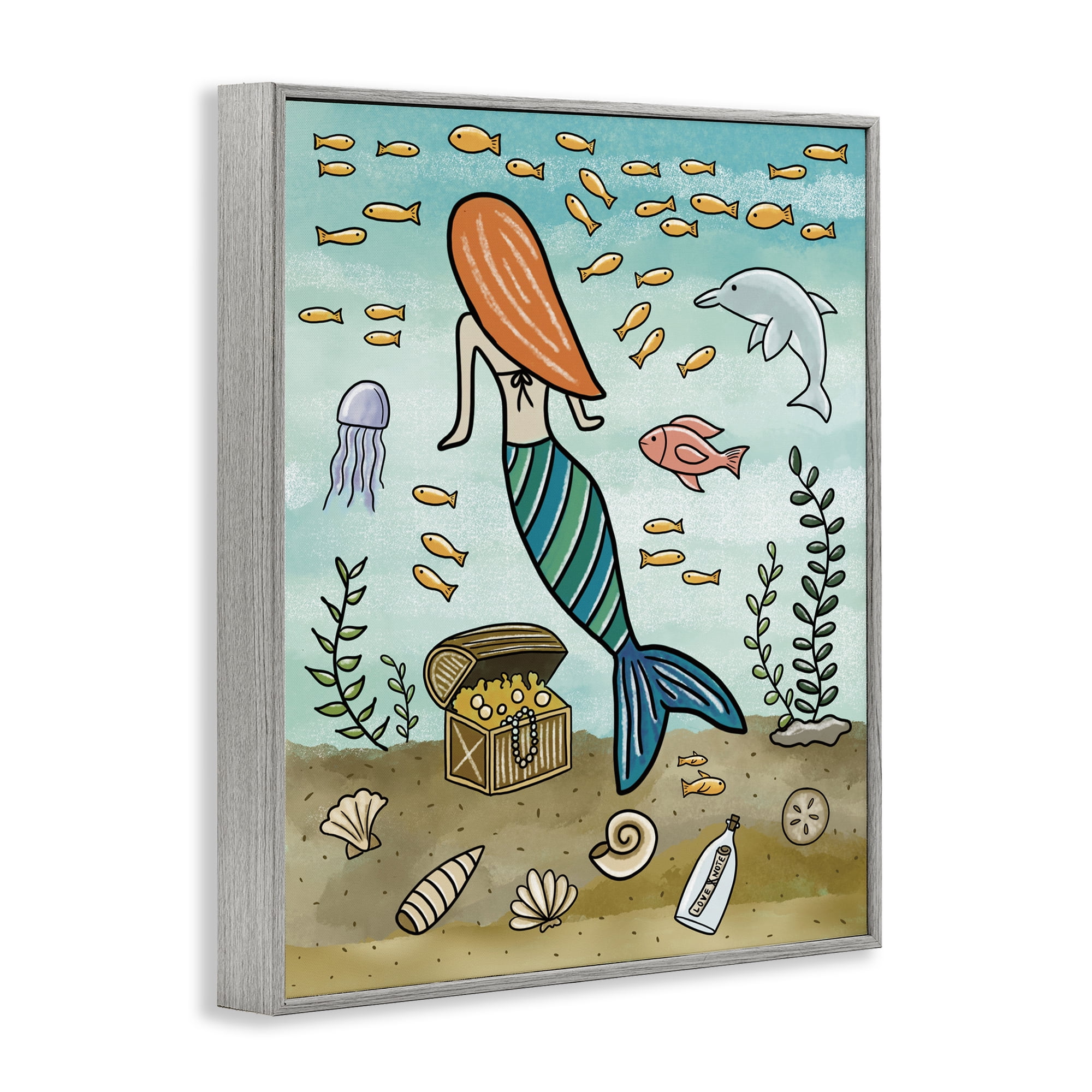 Mermaid Treasure Love Note Gray Framed Giclee Art, design by Jennifer Stith