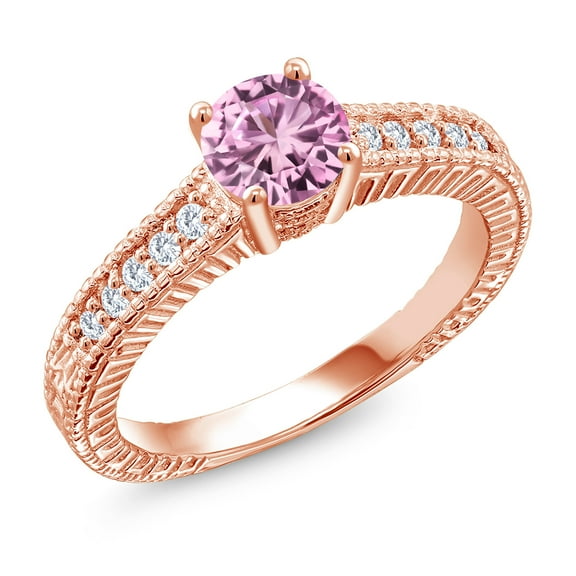 Gem Stone King 18K Rose Gold Plated Silver Ring Round Pink Created Sapphire and Moissanite (1.15 Cttw, Size 8)