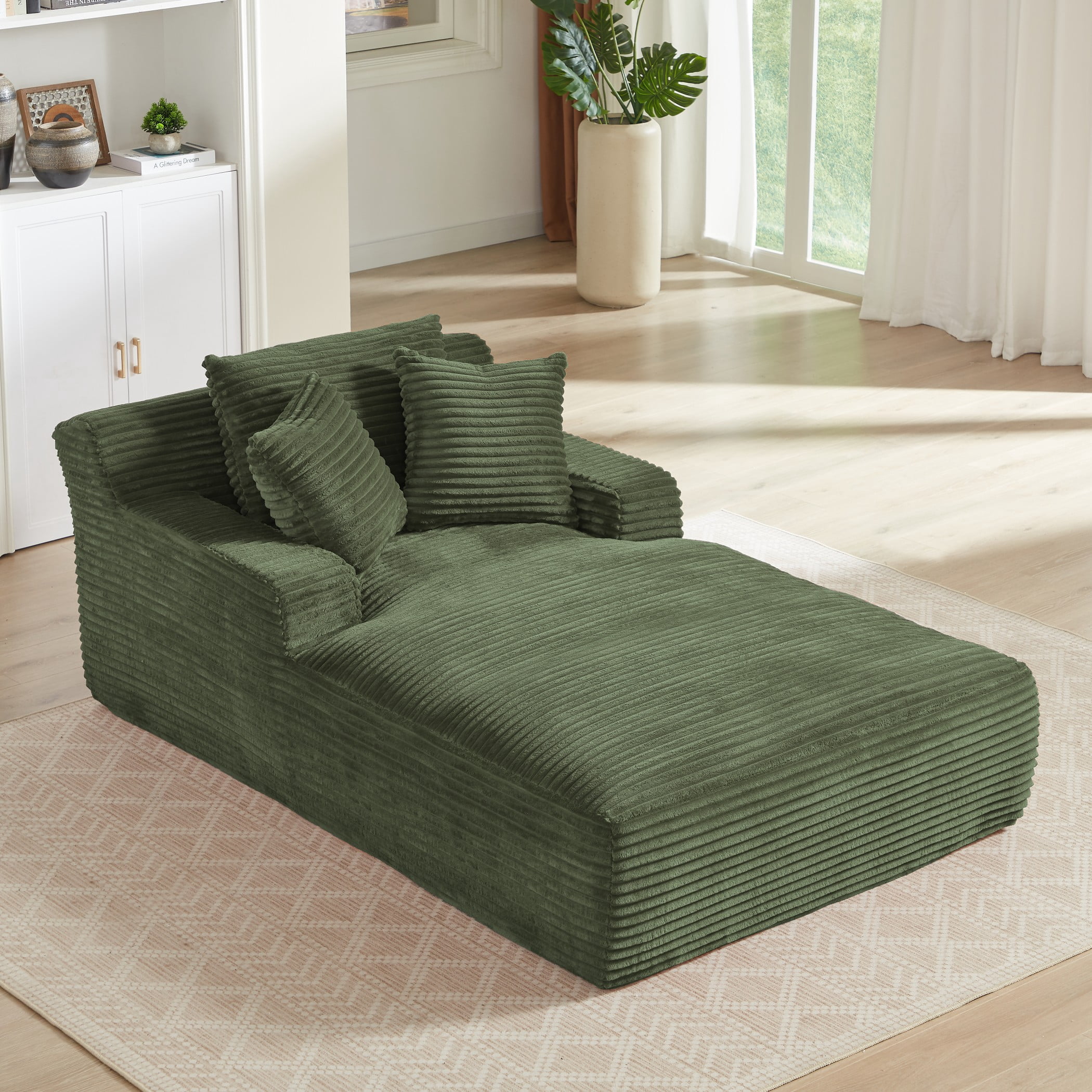 Aukfa 79" Oversized Chaise Lounge Indoor, Corduroy Sleeper Sofa Bed, Upholstered Couch, No Assembly Required for Living Room, Bedroom, Green