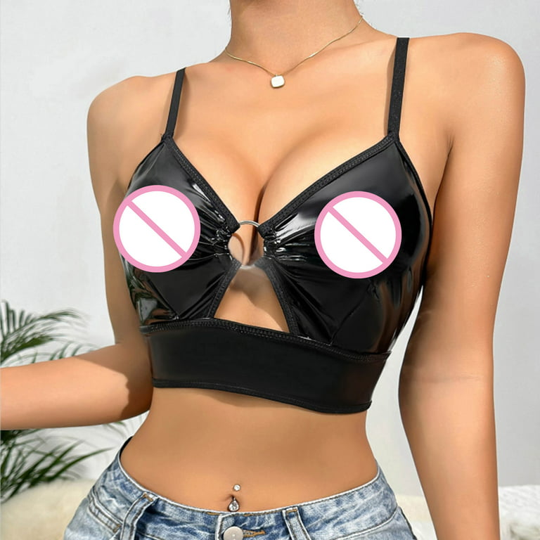 Women's Leather Lingerie Buckle Strappy Cut Out Bra Underwire Push