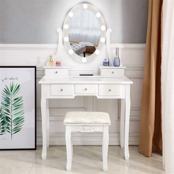 VibrantEcho 32" W Vanity Desk, Vanity Mirror with Lights and Table Set with 5 Drawers, Bedroom Wood Dressing Table Vanity Set with Stool for Women Girls (5 Drawers)