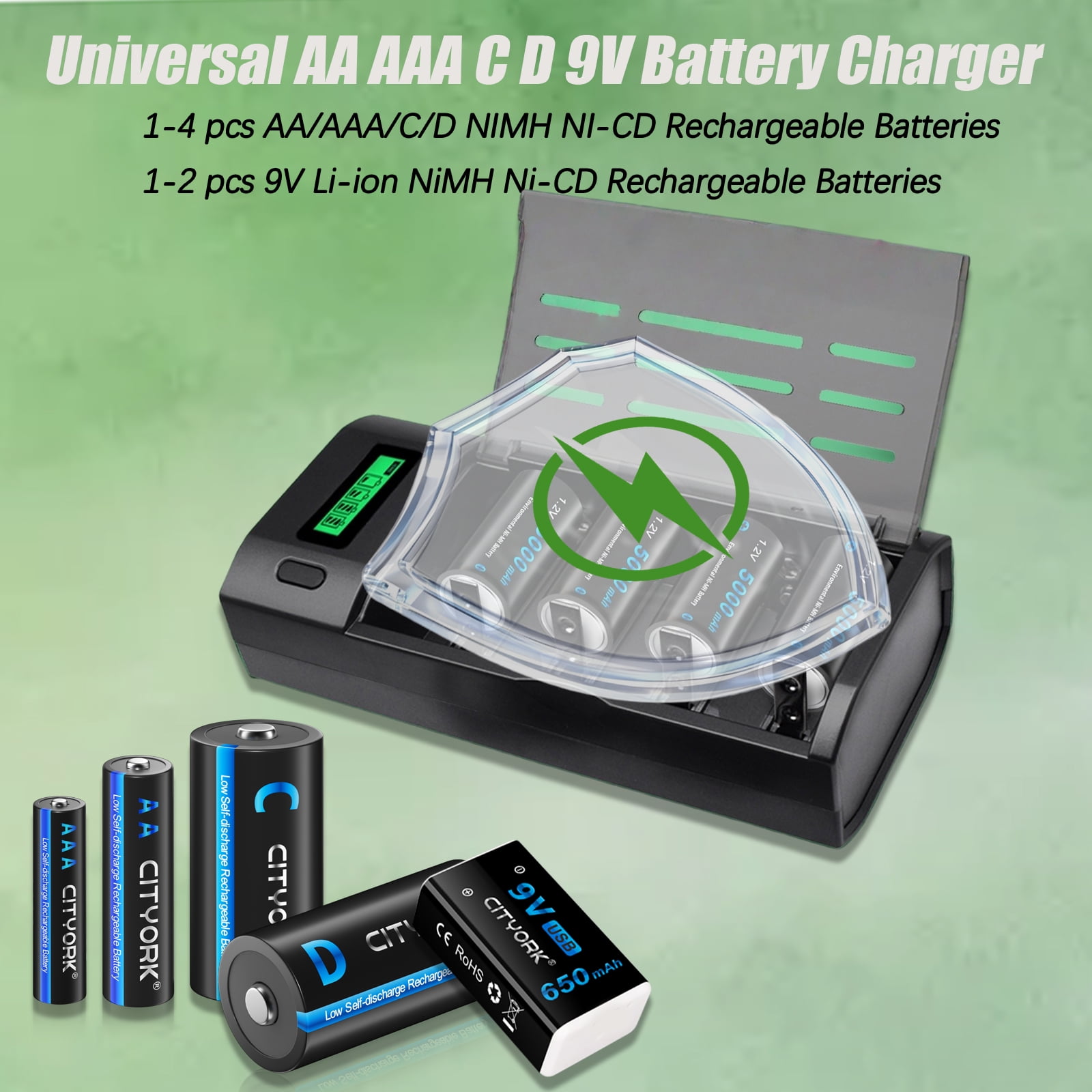 4 C Size High Capacity Low Self Discharge 1.2v Ni-MH Rechargeable Batteries with 4 Bay Smart Intelligent LCD Display Battery Charger For 1.2V AA AAA C D Size 9V Ni-MH Ni-CD Rechargeable Battery
