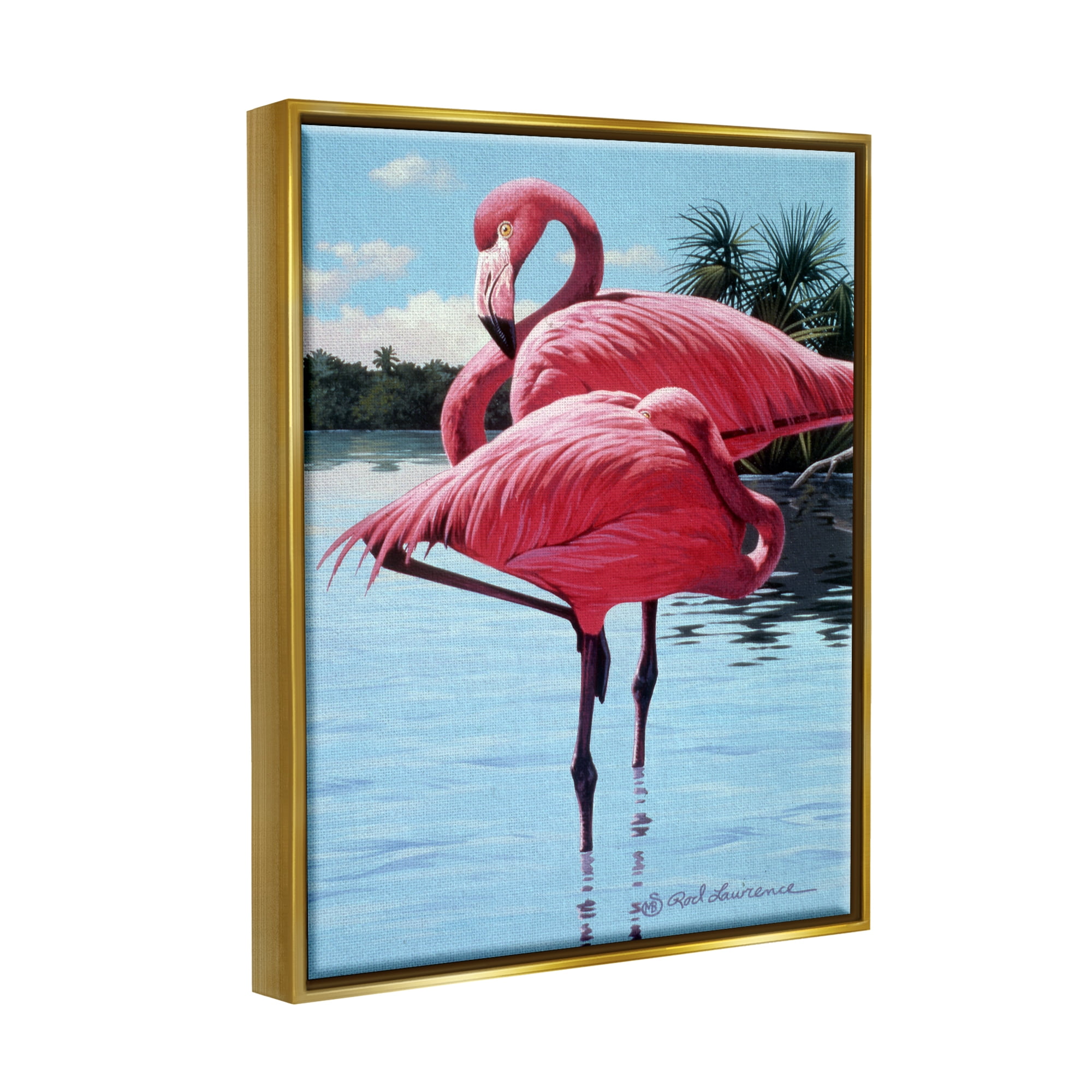 Stupell Industries Flamingos Balancing on Shore Animals & Insects Painting Gold Floater Framed Canvas Art Print Wall Art, 25 x 31