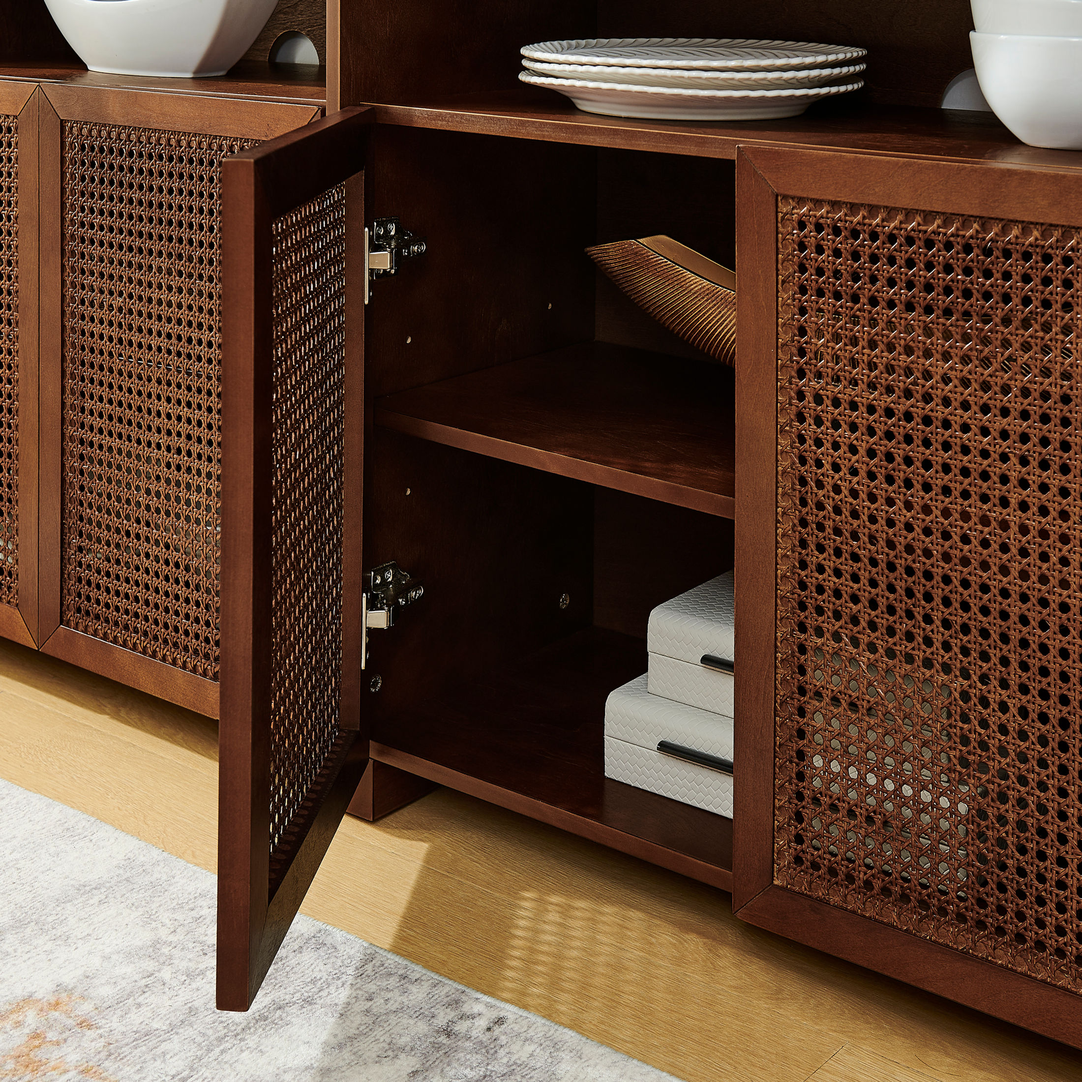 GDF Studio 63" Mid Century Modern Rattan Sideboard Buffet Cabinet with 4 Doors, Adjustable Shelves, Walnut
