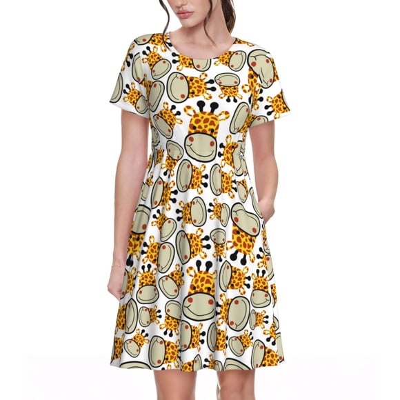 Vsdgher Giraffes Head for Womens Summer 2025 Casual Midi Maxi Dresses Lightweight Short Sleeve Round Neck Beach Dress