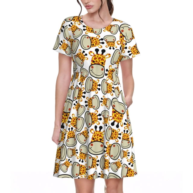 Vsdgher Tête de Girafe pour Femmes Été 2025 Décontracté Robes Midi Maxi Légères Manches Courtes Col Rond Robe de Plage