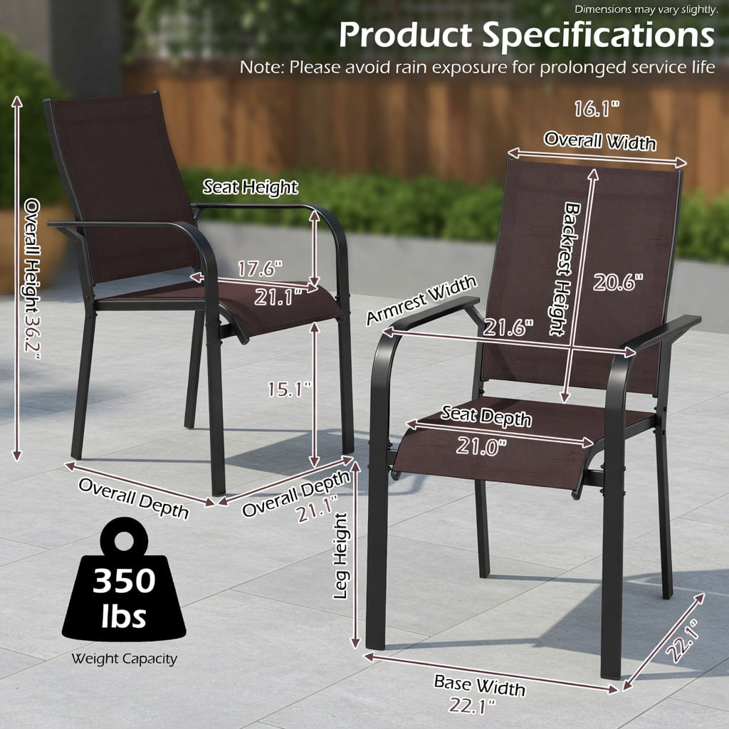Hommoo Stackable Outdoor Patio Dining Chairs Set of 4, Metal Frame with Breathable Mesh Fabric, Easy Assembly for Patio, Balcony & Poolside Use, Coffee