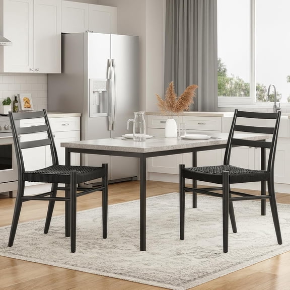 Nmkwnr Pack of 2 Modern Dining Chair with Metal Frame, Woven Rope Seat Side Chair for Kitchen, Living Room, Restaurant, Black