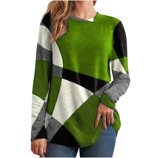 IROINID Liquidation Womens Hauts Grande Taille Détente Col Rond Manches Longues Imprimé Chemise Ample Blouse Hauts, Vert