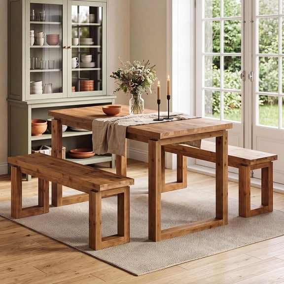 Finmind 3Pcs Dining Table Set with Benches, Solid Wood Kitchen Table Set for 4, Dining Room
