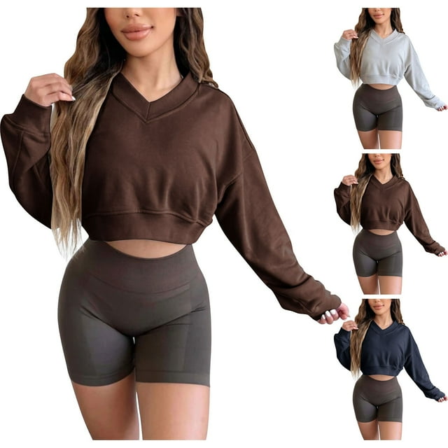 Sudadera corta,Sudadera de mujer con cuello en V, manga larga, color liso, tejido de poliéster, ideal para el hogar y el trabajo, sopatenor
