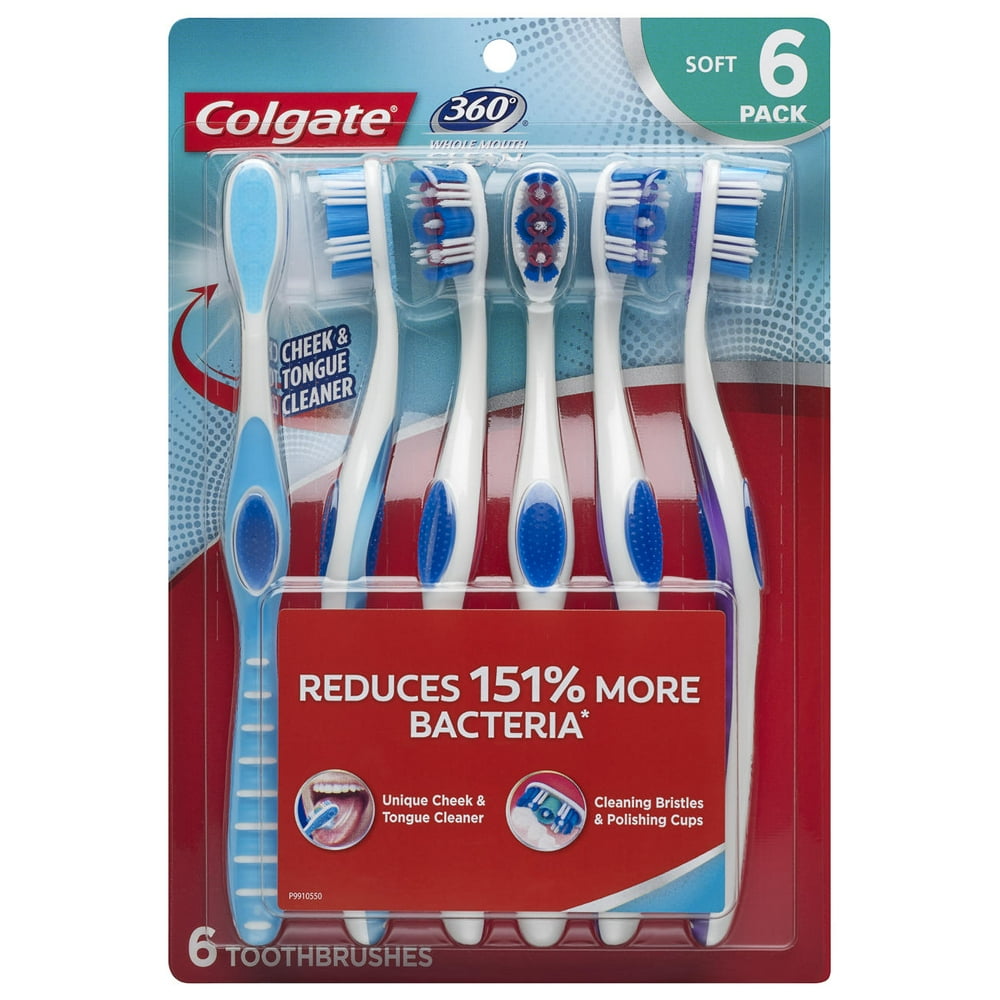 Colgate 360 Manual Toothbrush with Tongue and Cheek Cleaner, Soft, 6 Ct