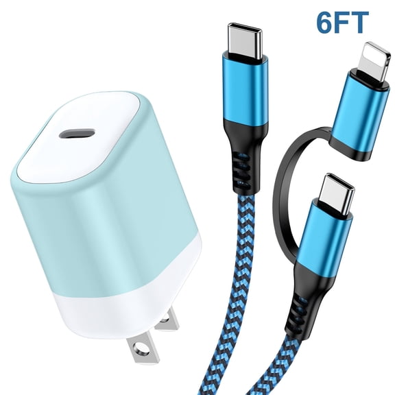 USB C Charger Block & 2 in 1 Charger Cable,USB C Wall Charger & 6FT USB C to C/Charger Cable, 20W Fast Charging Block Power Adapter & Charger Cord Compatible for iPhone,Samsung,Android(Blue)