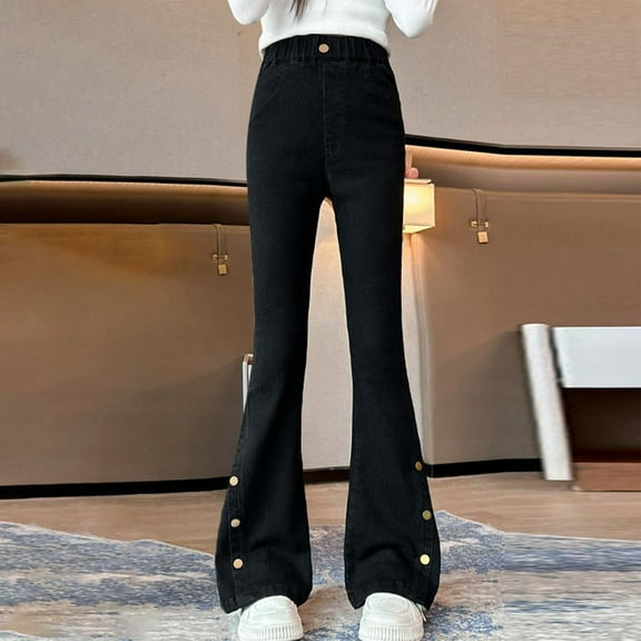 ATOGUTA Girls Flare Jeans Size 5T-15 Kids High Waisted Straight Leg Demin Pants Stretch Long Pants with Pockets Black