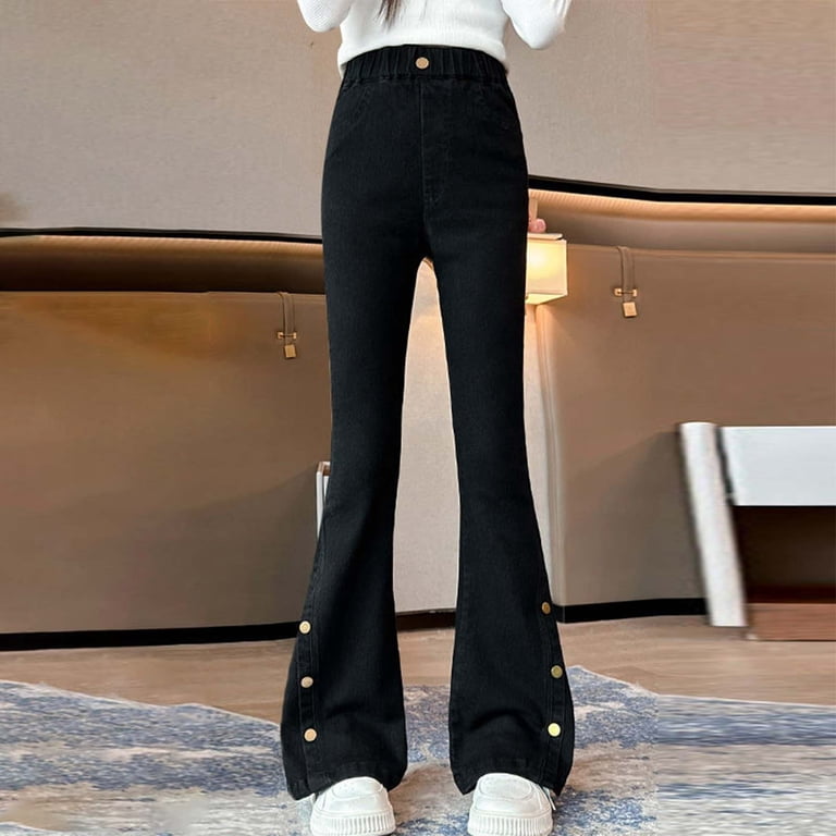 QIUOMBBP Buttoned Hem Flare Jeans for Girls High Elastic Waist 