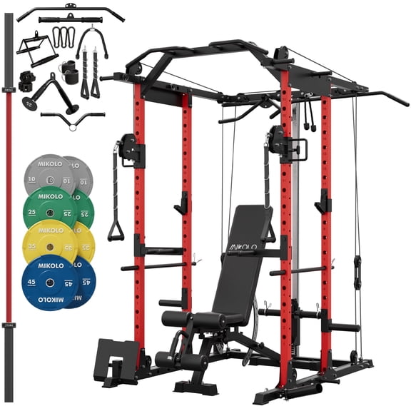 Mikolo Power Rack Cage, 1500LBS Weight Cage with 800LB Capacity Adjustable Weight Bench, 1500LB Capacity Barbell and 230LB Weight Plate set Red