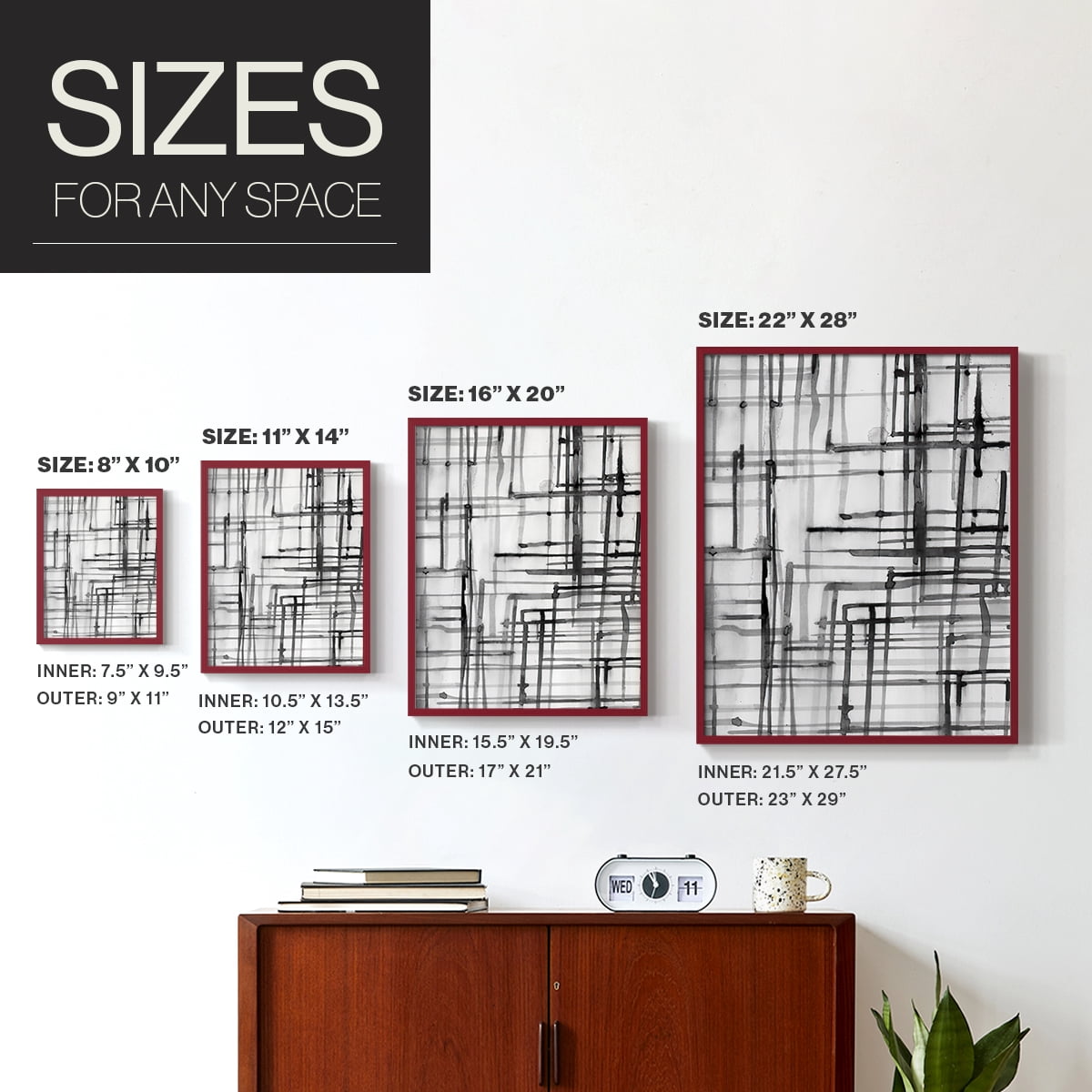 Line Meditation I in Red Solid Wood 11 x 14 Framed Print