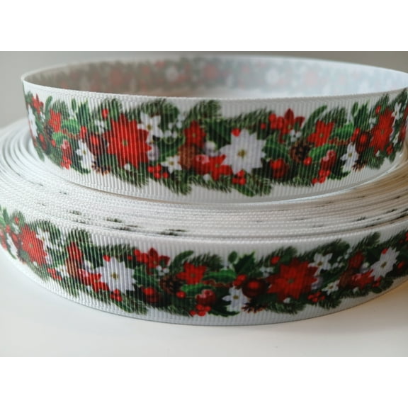 Grosgrain Ribbon Printed Christmas Poinsettia Greenery with Red and White Flowers, 3 Yards 7/8 Inch Wide