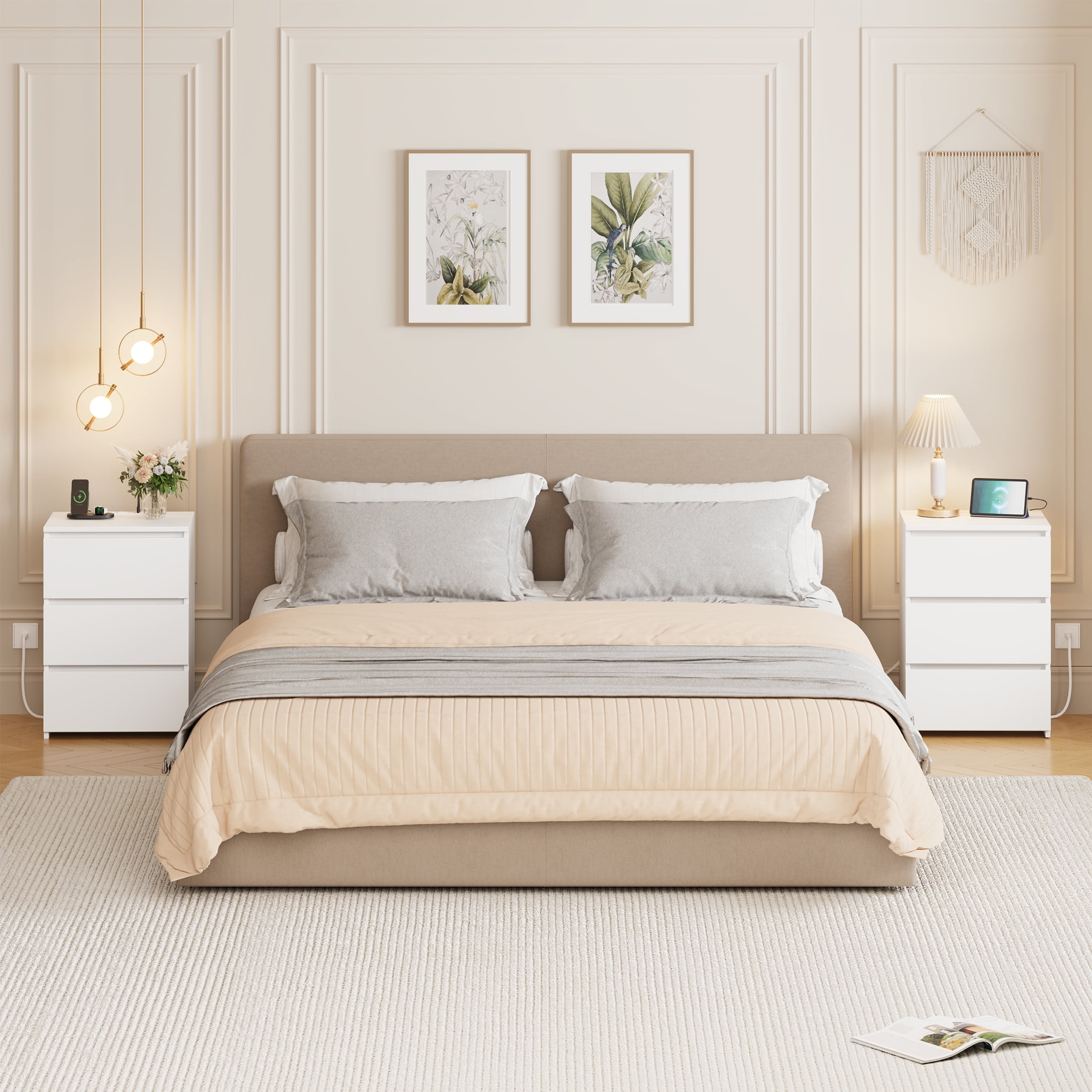 Homfa 3 Drawers Nightstand with Charging Station, Side Table with Storage for Living Room, White Bedside Nightstand for Bedroom