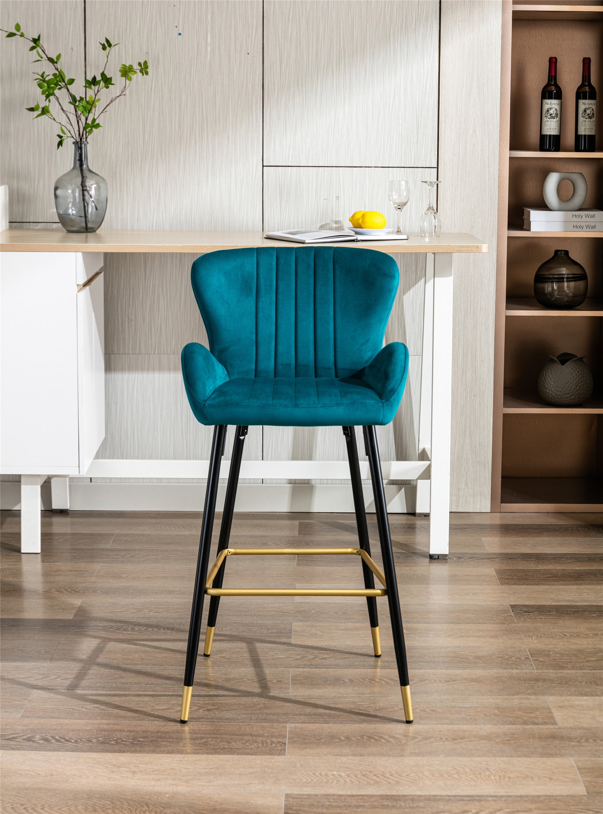 Resenkos Bar Stools Set of 2,Modern Velvet Breakfast Dining Chairs with Back and Footrest(Teal) Resenkos Bar Stools Set of 2,Modern Velvet Breakfast Dining Chairs with Back and Footrest(Teal)
