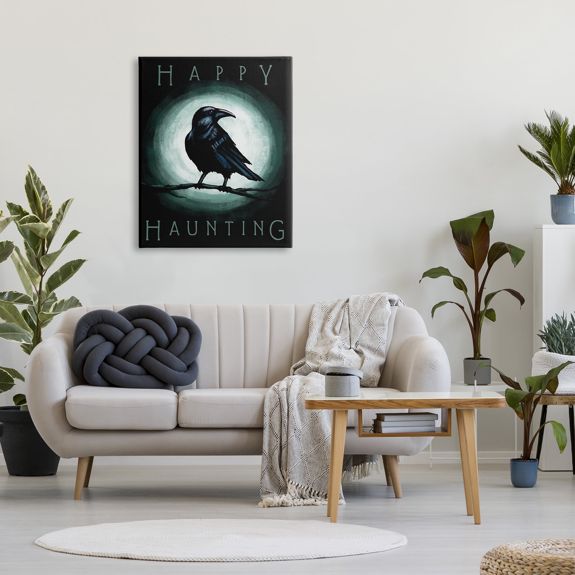 Stupell Industries Happy Hauntings Phrase Black Crow Perched Festive Halloween, 30 x 40, Designed by Elizabeth Tyndall