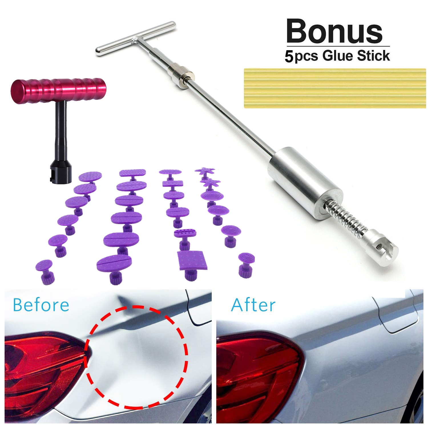 Small Auto Body Paintless Dent Puller Tabs T-Bar Suction Tools Removal Kit 19pcs 