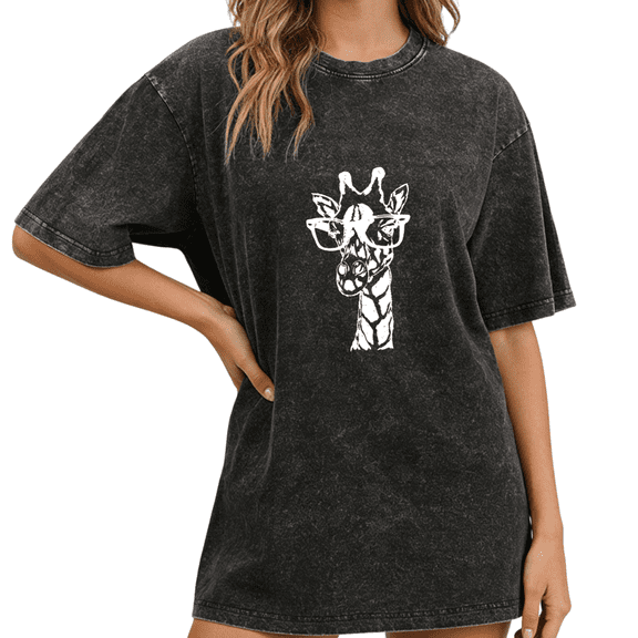 Black S-2XL Washed Funny Giraffe With Glasses Print Tshirt Graphic Tees Shirts Retro Animal Lover Tops