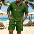 thumbnail image 2 of Men Solid Waffle Knit 2 Piece Set,Zip Neck Polo With California Letter Print & Drawstring Shorts Summer Casual Outfit Green XXXXL, 2 of 4